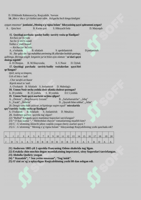 5-6-sinf adabiyot test. 5- sinf chorakli mavzulashtirilgan test. 6-sinf chorakli mavzulashtirilgan test 4