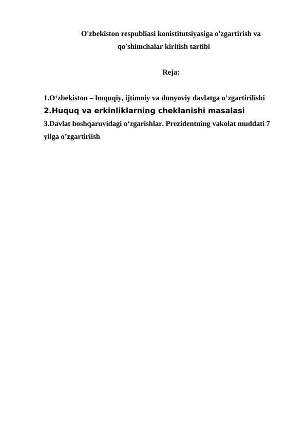 O'zbekiston respubliasi konistitutsiyasiga o'zgartirish va qo'shimchalar kiritish tartibi