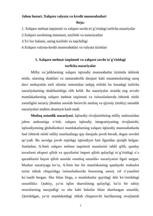 Jahon bozori. Xalqaro valyuta va kredit munosabatlari