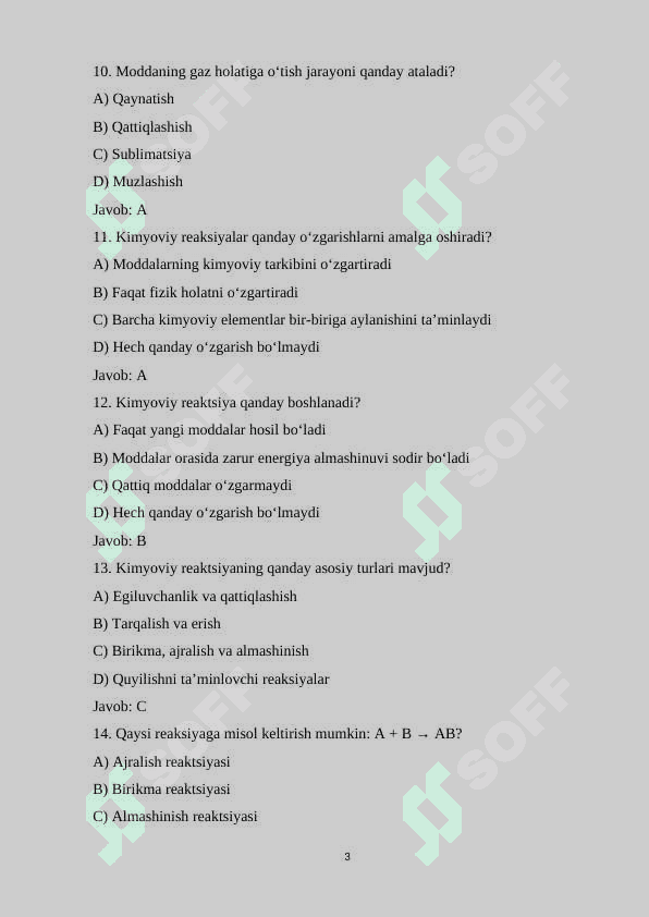 6-sinf kimyo fanidan 180 ta test savollari va javoblari bilan birgalikda 3