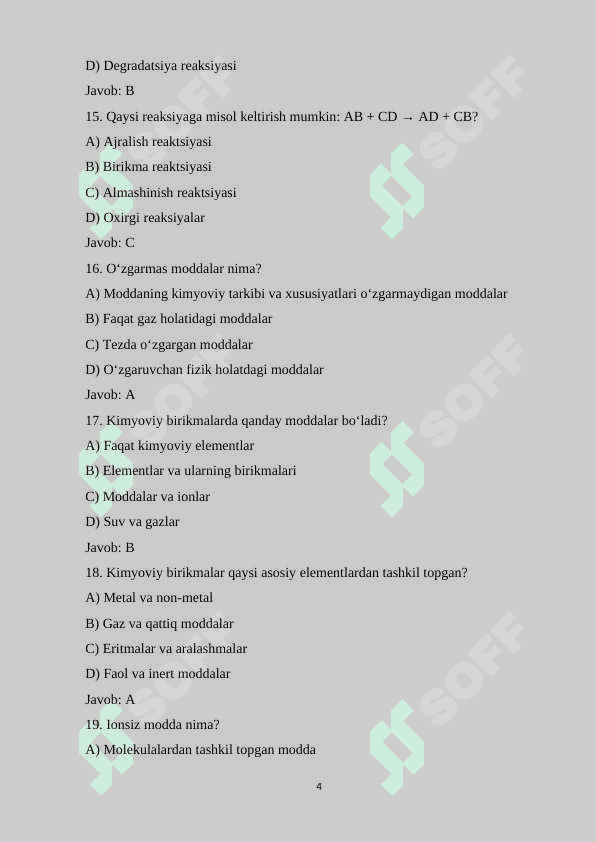 6-sinf kimyo fanidan 180 ta test savollari va javoblari bilan birgalikda 4