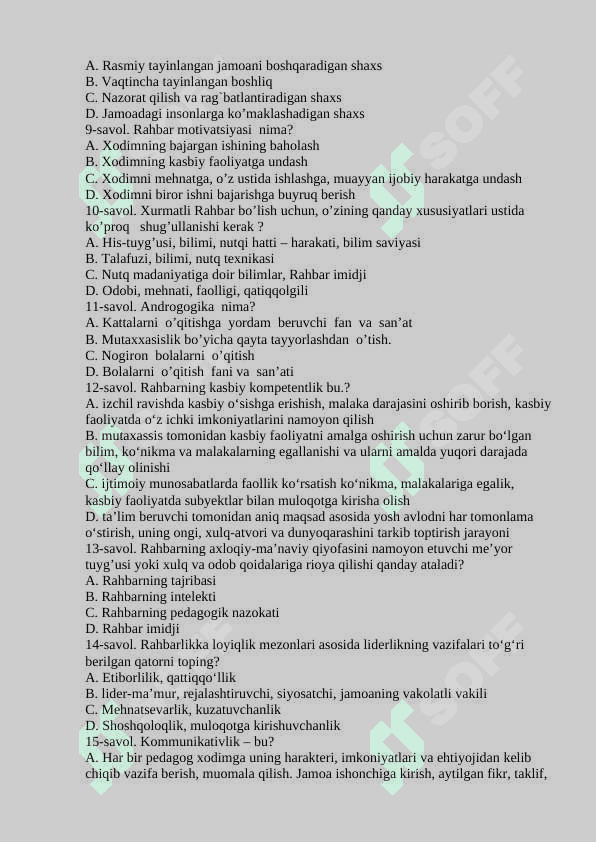 Boshqaruv hisobi fanidan test savollari 2