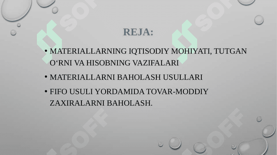 Materiallarni  donalab baholash, oʻrtacha baholash, Fifo va boshqa usullarda  baholab sarflashni Hisobda aks ettirish 2