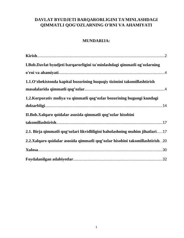 DAVLAT BYUDJETI BARQARORLIGINI TA'MINLASHDAGI QIMMATLI QOG'OZLARNING O'RNI VA AHAMIYATI