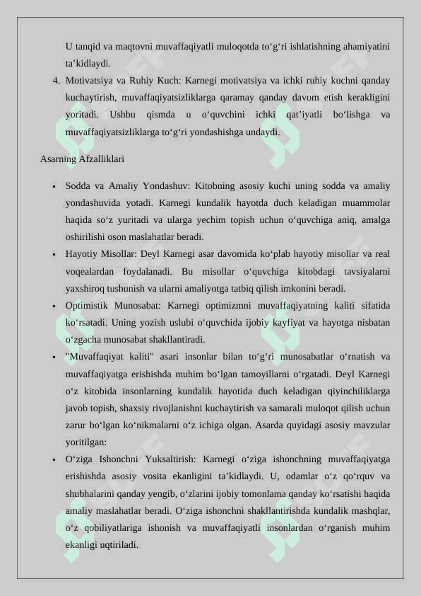 Deyl Karnegi  Muvaffaqiyat kaliti va o'z o'ziga ishonch xosil qilish asariga taqriz 2