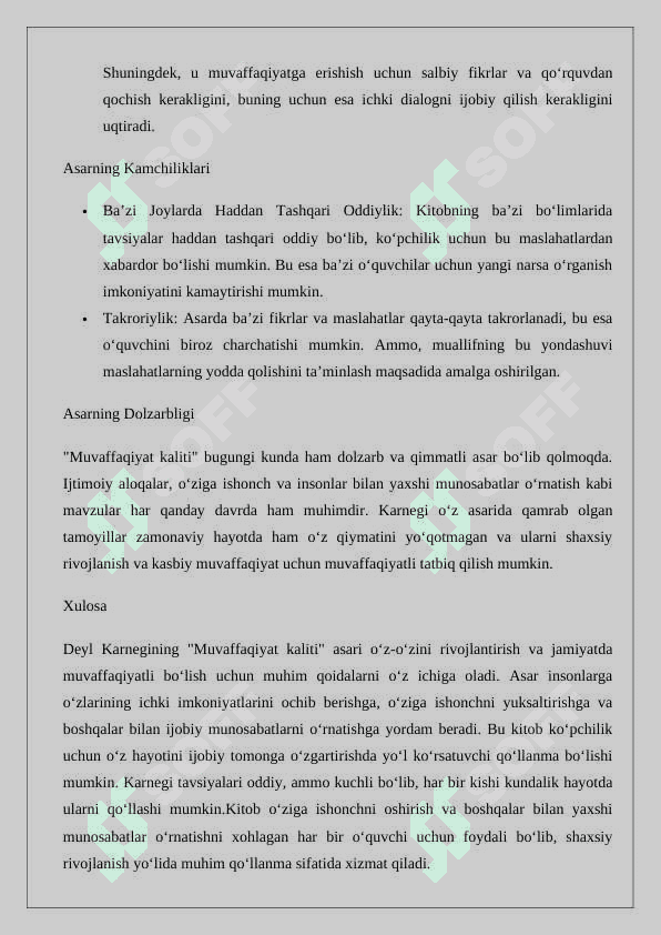 Deyl Karnegi  Muvaffaqiyat kaliti va o'z o'ziga ishonch xosil qilish asariga taqriz 4