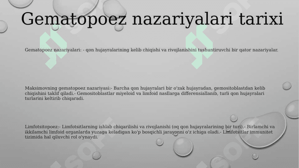 Gematopoez Nazariyalari A.A Maksimovga KoʻRa Gemapoez Nazariyasining Mohiyati. Qonning Hujayrasi. Morfo-Funktsional Xarakteristikasi. Limfositopoezning Hususiyatlari. 2