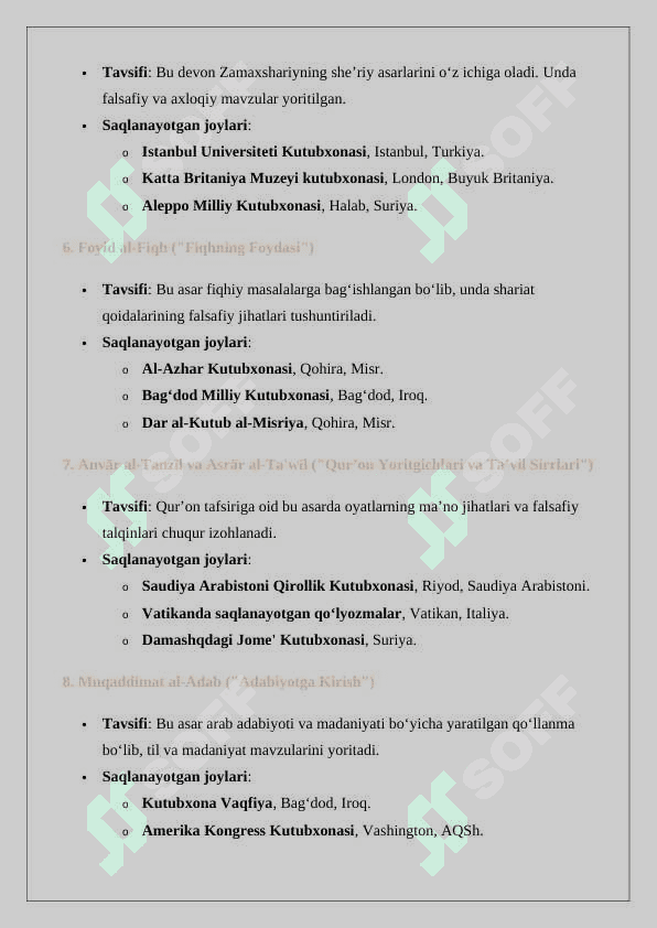Mahmud az-Zamaxshariy (1075-1144) asarlarining roʻyxatini tuzish hamda ularning bugungi kunda saqlangan makonlari togʻrisida koʻrsatkich tayyorlash 24 4