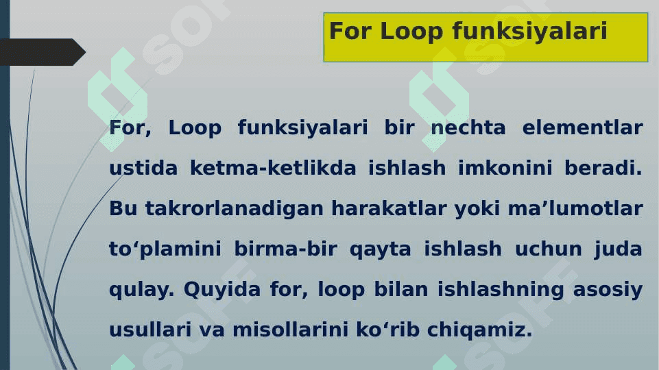 Python dasturlash orqali If-else shartlari va tarmoqlanishni o‘rganish. Python dasturlash tili orqali For, Loop bilan ishlash. Python dasturlash tili orqali mantiqiy operatorlar 6