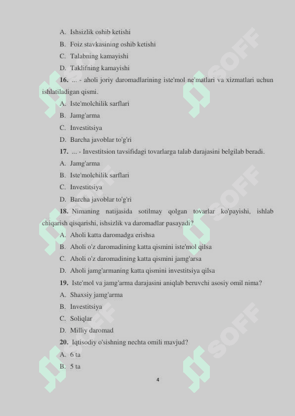 “Iqtisodiyot nazariyasi” fanidan 2-semestr uchun 1-joriy nazorat TOPSHIRIQLARI va javoblari 4