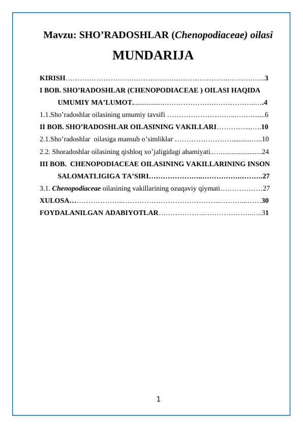 SHO’RADOSHLAR (Chenopodiaceae) oilasi