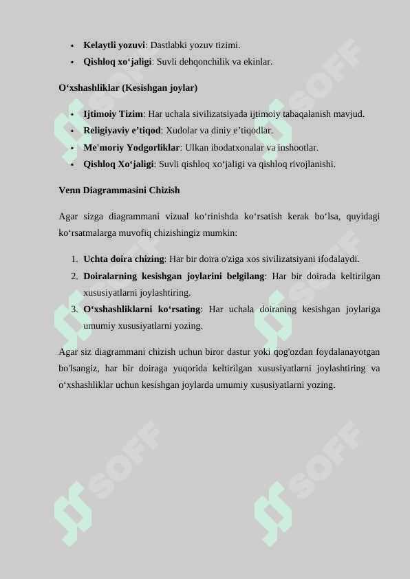 Qadimgi Janubiy-Sharqiy Osiyo sivilizatsiyasining o‘ziga xos xususiyatlari mavzusini VENN diagrammasi asosida tahlil etish 24 2