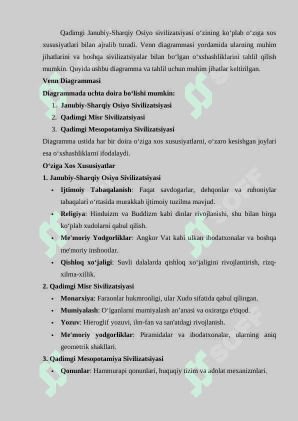 Qadimgi Janubiy-Sharqiy Osiyo sivilizatsiyasining o‘ziga xos xususiyatlari mavzusini VENN diagrammasi asosida tahlil etish 24 3