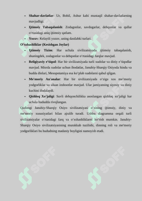 Qadimgi Janubiy-Sharqiy Osiyo sivilizatsiyasining o‘ziga xos xususiyatlari mavzusini VENN diagrammasi asosida tahlil etish 24 4