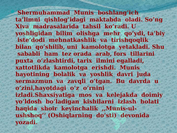 MUNIS UL USHSHOQ DEVONI HAQIDA 5