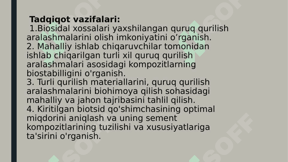 BIOSIDAL XUSUSIYATLARGA EGA QURUQ QURULISH ARALASHMALARIN  ISHLAB CHIQARISH 5
