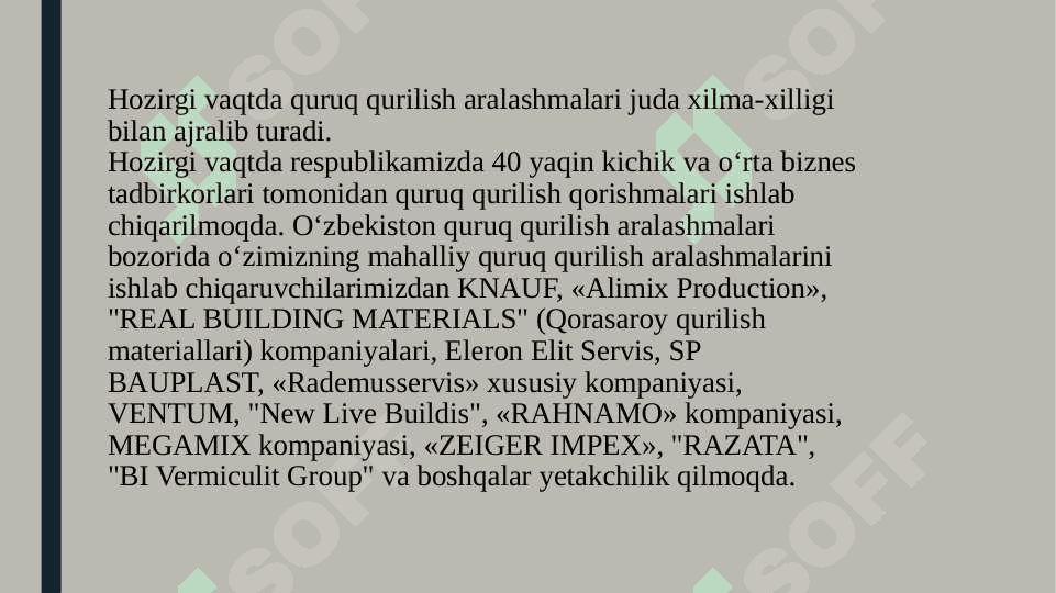 BIOSIDAL XUSUSIYATLARGA EGA QURUQ QURULISH ARALASHMALARIN  ISHLAB CHIQARISH 8