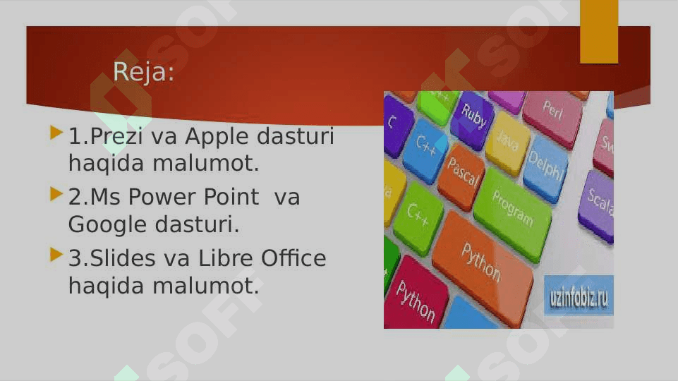 Prezi,Ms Power Point,Apple,Keynote,Google,Slides,Libre Office ,Impres redaktorlarining tahlili. 2