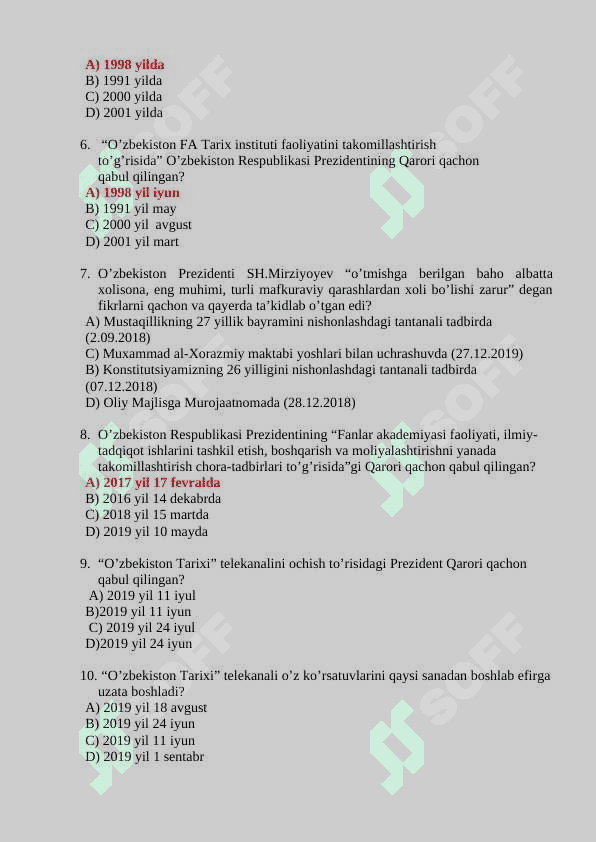 TARIX test javoblari bilan 2