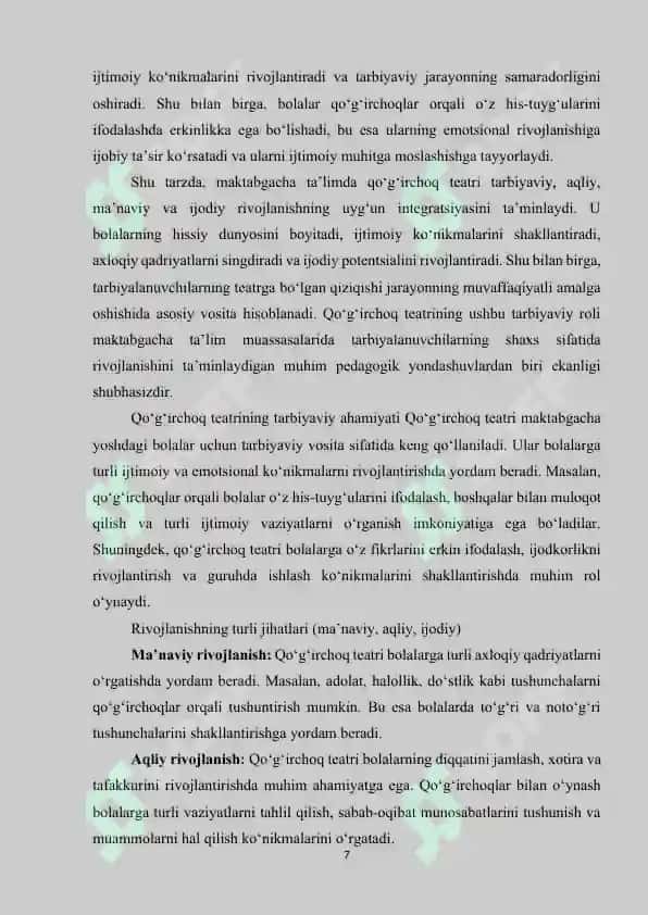 MAKTABGACHA TA’LIM JARAYONIDA TARBIYALANUVCHILAR ISHTIROKIDA QO‘G‘IRCHOQ TEATRI 7