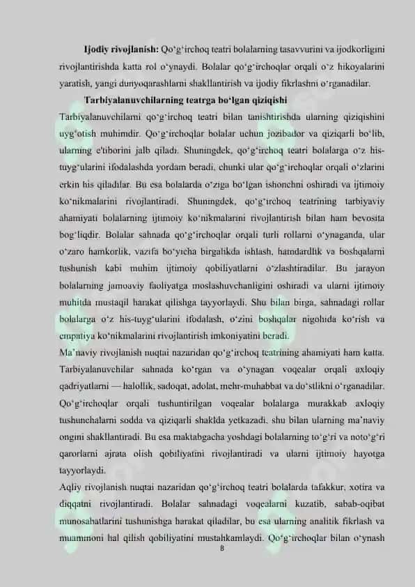 MAKTABGACHA TA’LIM JARAYONIDA TARBIYALANUVCHILAR ISHTIROKIDA QO‘G‘IRCHOQ TEATRI 8
