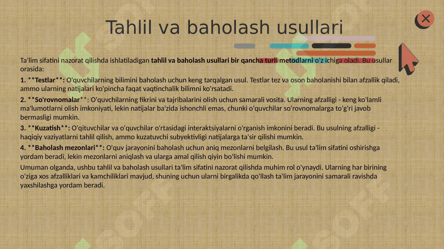 ta'lim texnologiyasi mohiyati va uning turlarir Ta'lim sifatini nazoat qilish va uning turlari.Muammoli 6