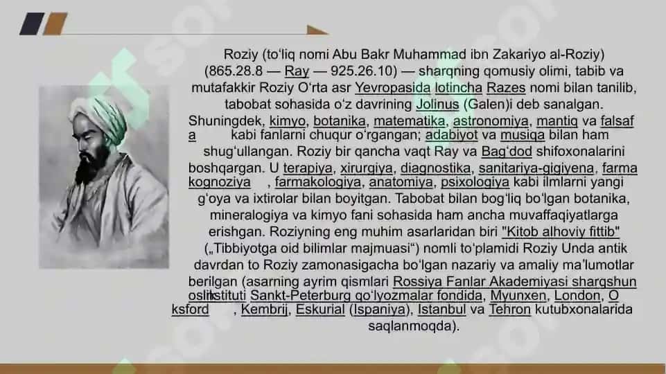 Ar Roziy, Mirzo Ulugbek, Al Xorazmiy, Jayxoniy, Abu Nasr Farobiy ishlari. "Avesto" Hudud ul-olam kitoblarining talqini 2