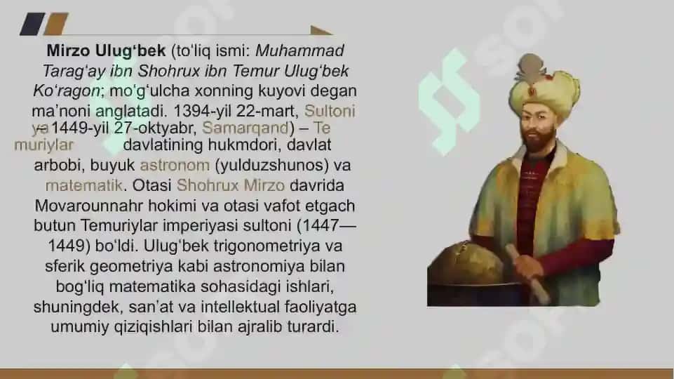 Ar Roziy, Mirzo Ulugbek, Al Xorazmiy, Jayxoniy, Abu Nasr Farobiy ishlari. "Avesto" Hudud ul-olam kitoblarining talqini 3