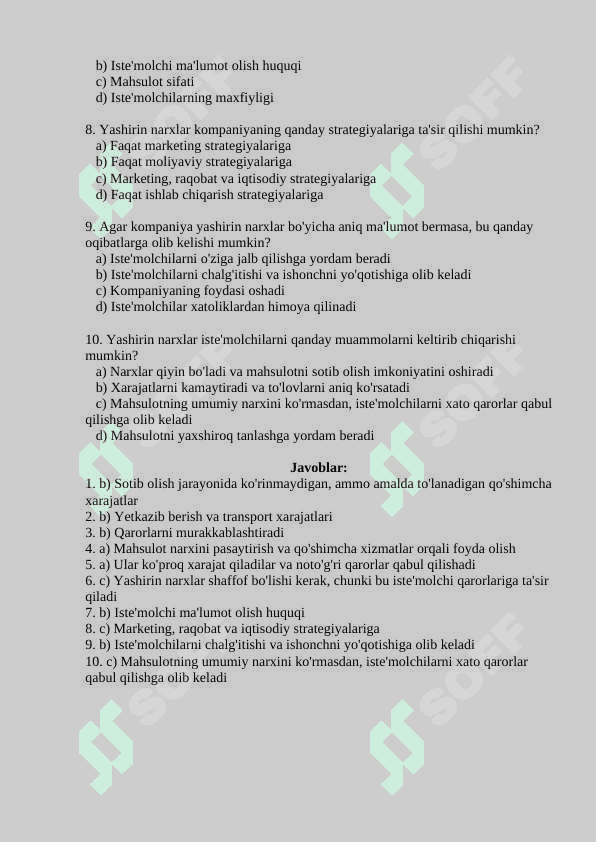 YASHIRIN NARXLAR VA ULARNING QARORLAR QABUL QILISHDAGI TA'SIRI BILAN BOG'LIQ 10 TA TEST SAVOLLARI 2