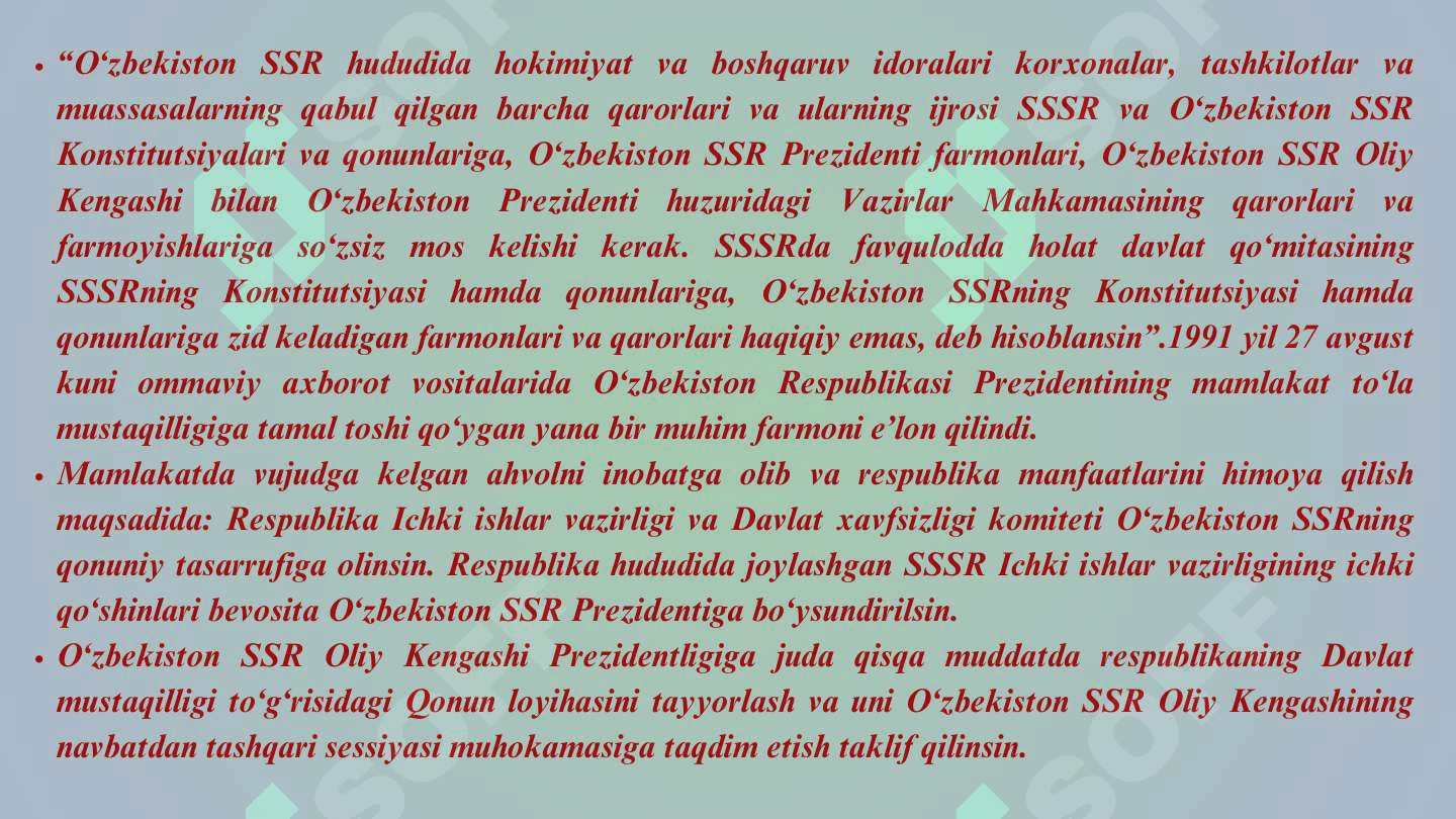 Mustaqil O'zbekiston davlatining yuzaga kelishi va mustahkamlanishida Islom Karimovning o'rni va ro'li 6