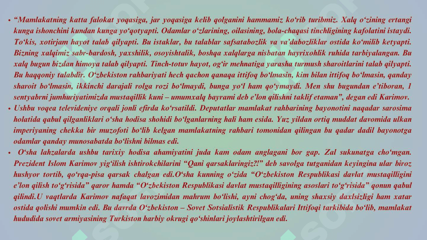 Mustaqil O'zbekiston davlatining yuzaga kelishi va mustahkamlanishida Islom Karimovning o'rni va ro'li 8