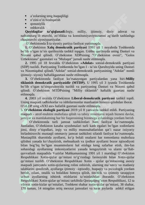 O’zbekistonda demokratik fuqarolik jamiyati asoslarining shakllanishi, amalga oshirilgan siyosiy islohotlar. 3