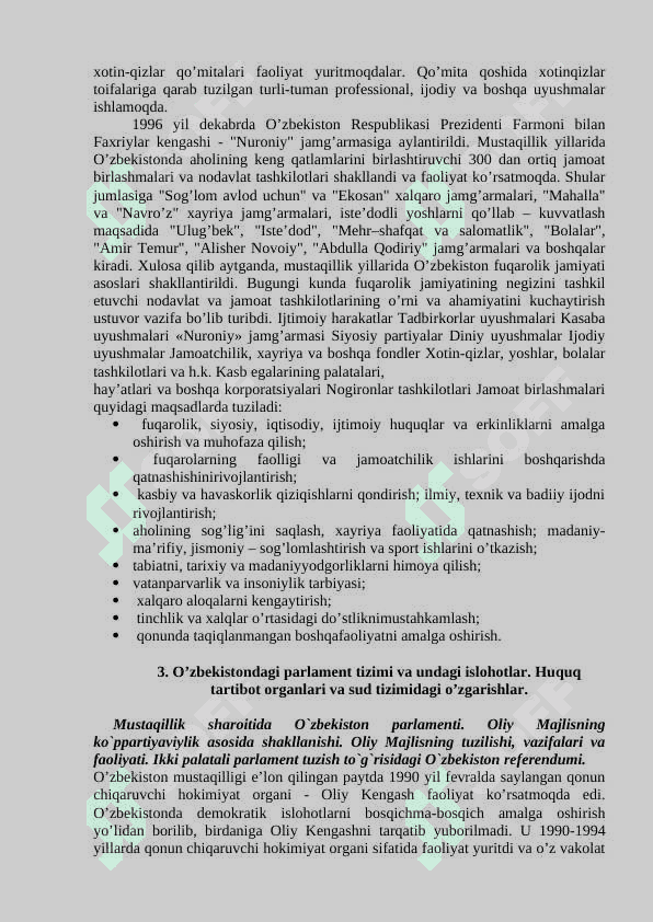 O’zbekistonda demokratik fuqarolik jamiyati asoslarining shakllanishi, amalga oshirilgan siyosiy islohotlar. 4