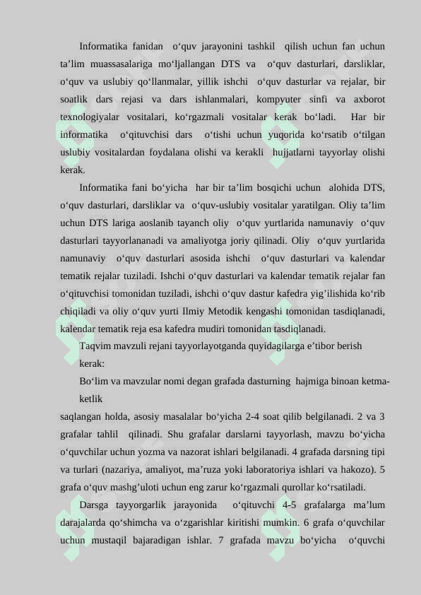 Informatika va axborot texnologiyalari fanidan o‘quv jarayonini rejalashtirish 2