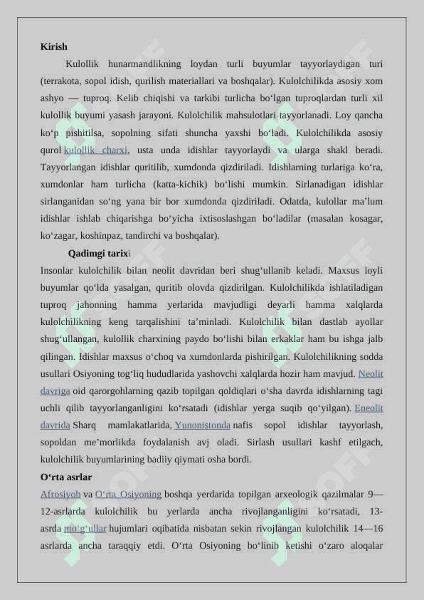 Kulolchilikning vujudga kelishi va rivojlanish bosqichlari 2