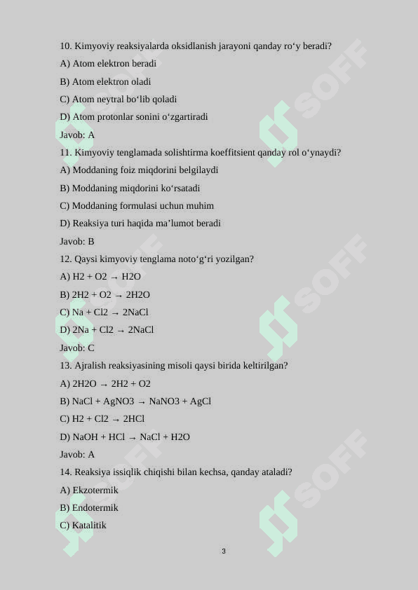 8-sinf Kimyo fanidan 150 test savollari va javoblari bilan birgalikda 3