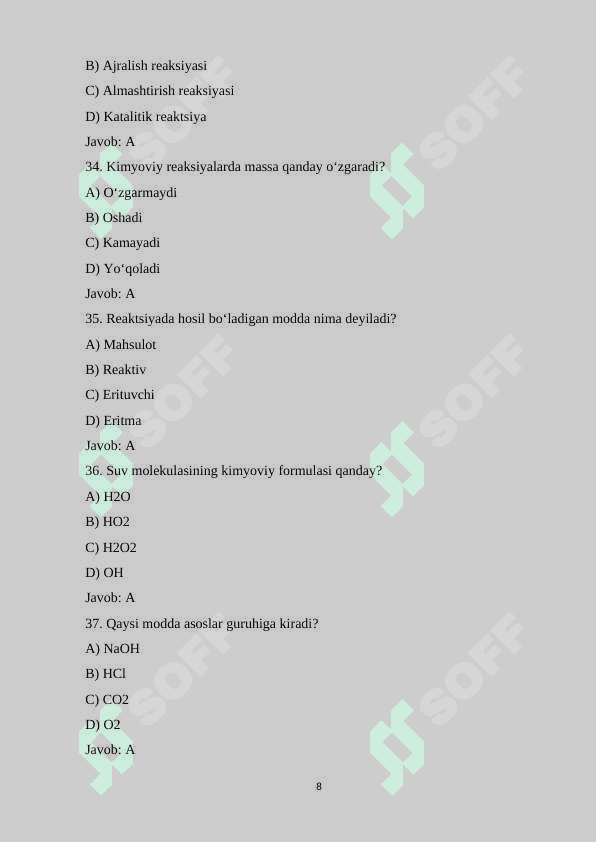 8-sinf Kimyo fanidan 150 test savollari va javoblari bilan birgalikda 8