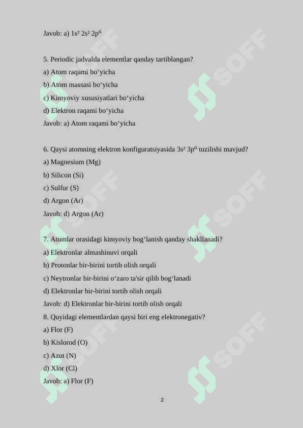 10-sinf kimyo fanidan 150 ta variantli test savollari va javoblari bilan 2