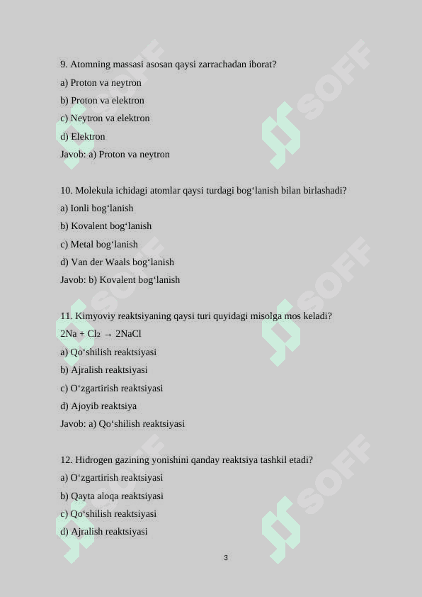 10-sinf kimyo fanidan 150 ta variantli test savollari va javoblari bilan 3