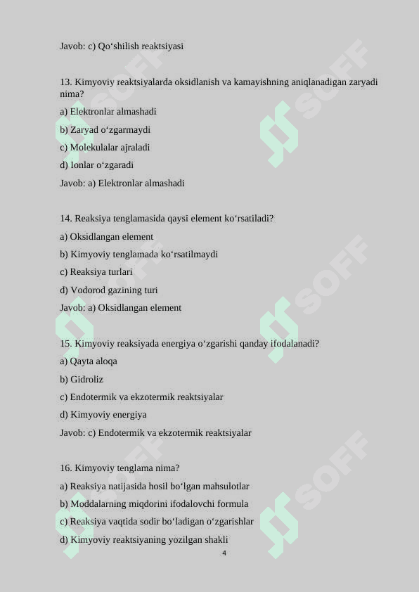 10-sinf kimyo fanidan 150 ta variantli test savollari va javoblari bilan 4