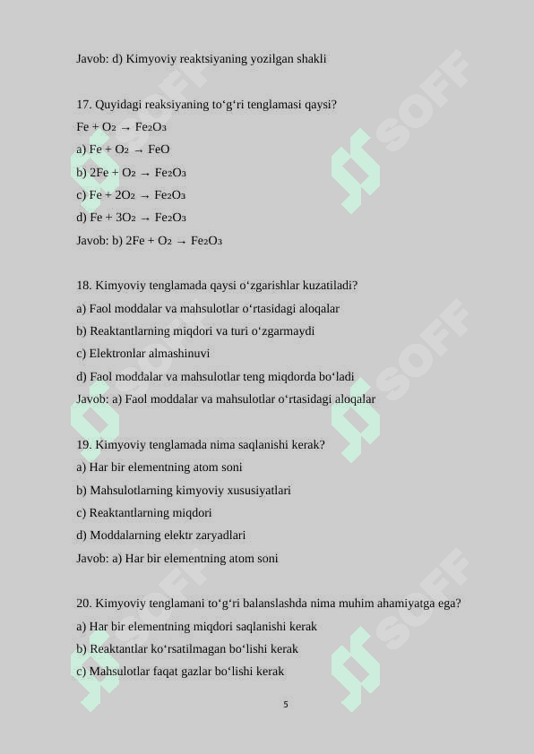10-sinf kimyo fanidan 150 ta variantli test savollari va javoblari bilan 5