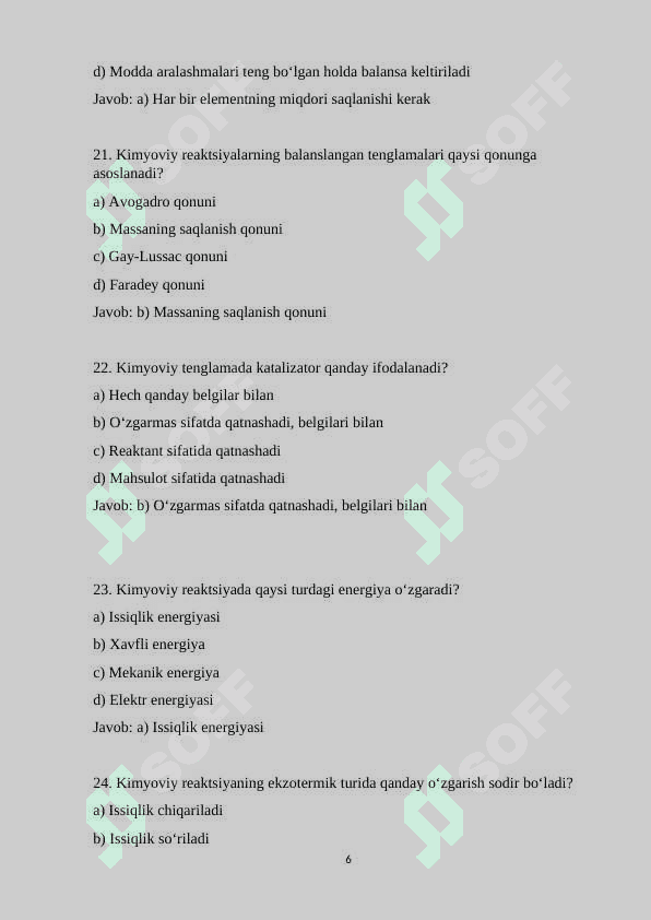 10-sinf kimyo fanidan 150 ta variantli test savollari va javoblari bilan 6