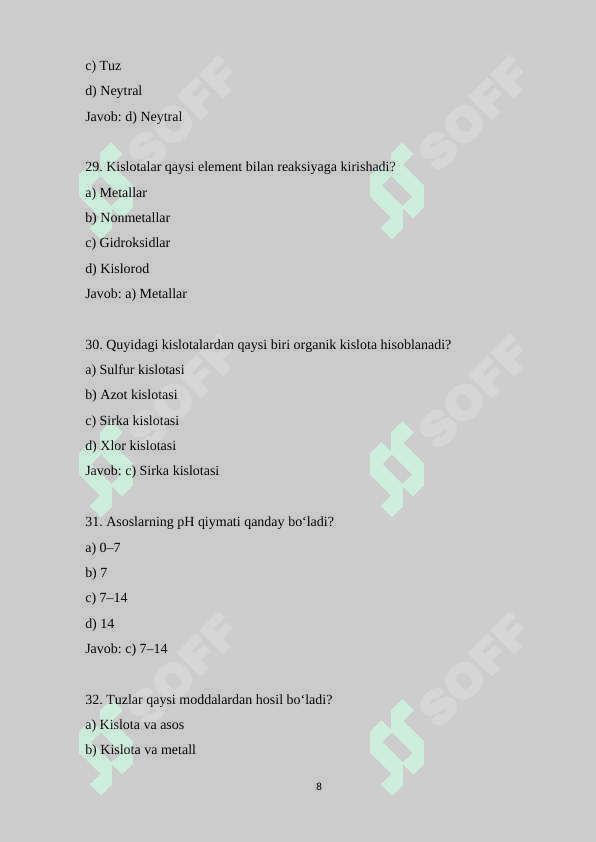10-sinf kimyo fanidan 150 ta variantli test savollari va javoblari bilan 8