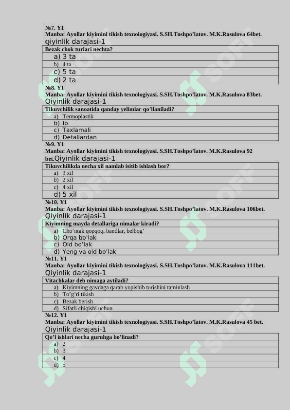 Ayollar kiyimini tikish texnologiyasi (80 soat) fanidan (150ta) test savollari 2