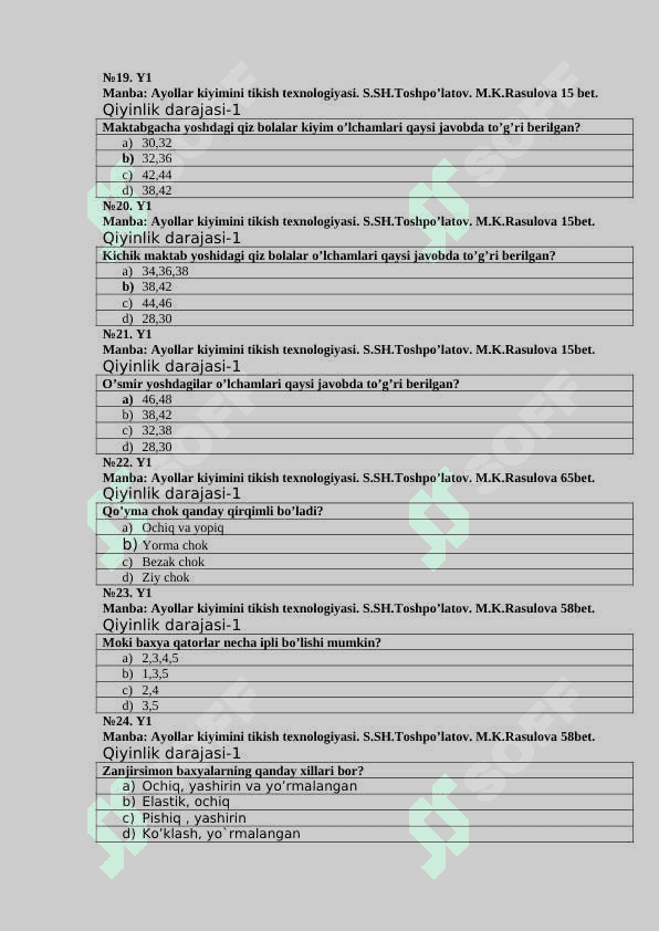 Ayollar kiyimini tikish texnologiyasi (80 soat) fanidan (150ta) test savollari 4