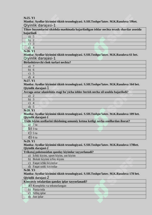 Ayollar kiyimini tikish texnologiyasi (80 soat) fanidan (150ta) test savollari 5