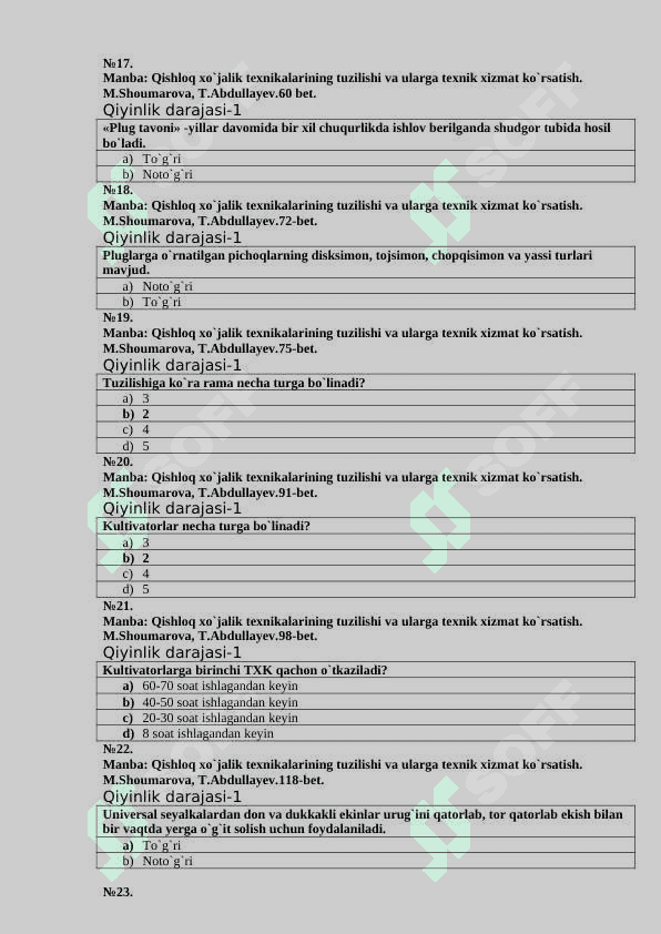 Traktorlar va qishloq xo`jaligi agregatlarining tuzilishi fanidan 108ta test savollari 4