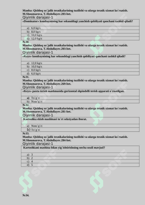 Traktorlar va qishloq xo`jaligi agregatlarining tuzilishi fanidan 108ta test savollari 6