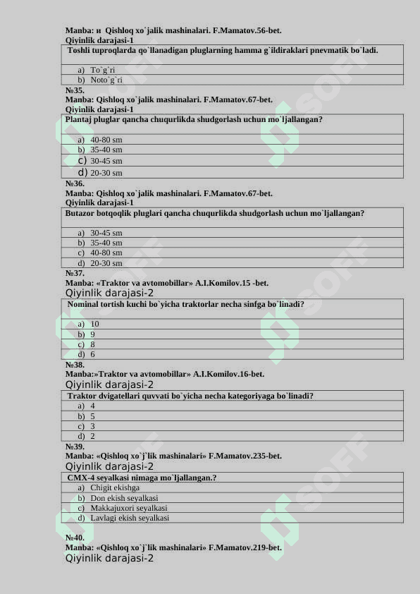 Traktorlar va qishloq xo`jaligi agregatlarining tuzilishi fanidan 108ta test savollari 7
