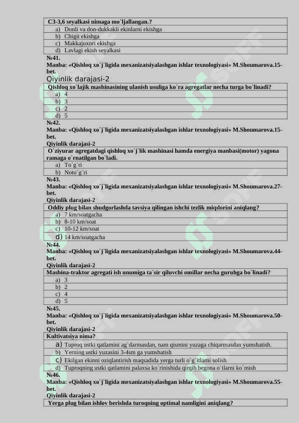 Traktorlar va qishloq xo`jaligi agregatlarining tuzilishi fanidan 108ta test savollari 8